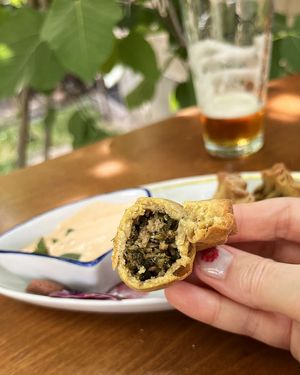 Vegan pirozhki with soy meat, herbs and kimchi auoli sauce at 2022_bak in Yerevan