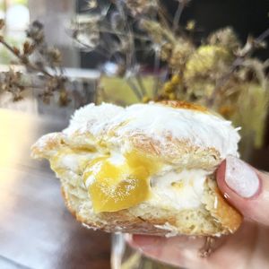 Mango donut with cream inside at 2022_bak in Yerevan