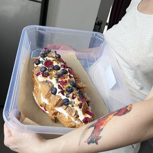 Huge vegan croissant cake with whipped cream and sweet berries, made by Misha at 2022_bak in Yerevan