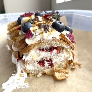 Vegan croissant cake with whipped cream and sweet berries, made by Misha at 2022_bak in Yerevan