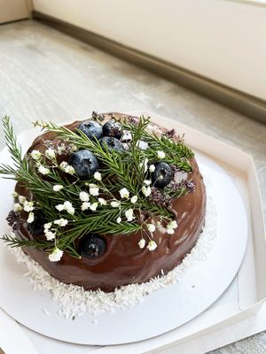 Vegan Pancho cake with chocolate biscuits, "buttercream", chocolate cream and blueberries at 2022_bak in Yerevan
