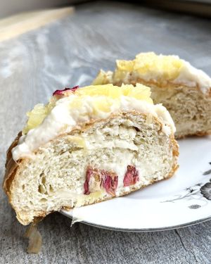 🍍🥥 Vegan twisted bun with buttercream inside, caramel, coconut and pineapples at 2022_bak in Yerevan
