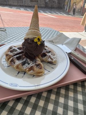 Vegan croffle with chocolat ice cream   at Kkachi Kkachi - 까치까치 in Busan