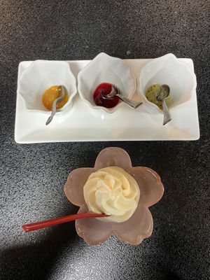 Soy ice cream with fruit sauce   at Kakurimbo in Minobu
