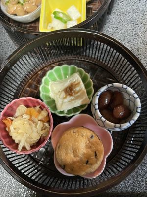 Breakfast close up. Item in the bottom is tofu (not a muffin!😄 at Kakurimbo in Minobu