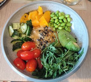 Vegan mango bowl, has honey in it at La Mouka in Prague