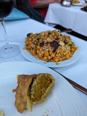 Samosa and samosa chaat (amazing) at Taj Palace - Mogan Mall in Gran Canaria