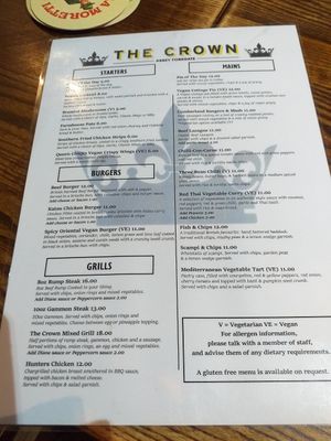 Menu featuring several vegan options. at The Crown Abbey Foregate in Shrewsbury