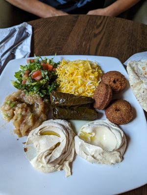 Vegetarian plate, sub hummus for the mutabal (veganized) at Khalo Naser Syrian Cuisine & Lounge in Corvallis