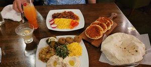 The vegetarian plate, moskaet betenjan, and mohmarah. at Khalo Naser Syrian Cuisine & Lounge in Corvallis