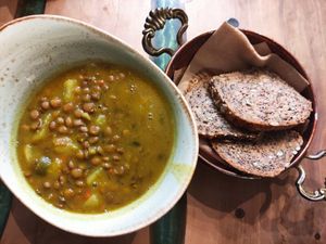 Lentil soup from the daily menu and sourdough bread at Sunmoon - Septemvri in Sofia