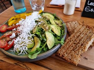 Avocado salad with vegan feta cheese at portal cafe in Uberlingen