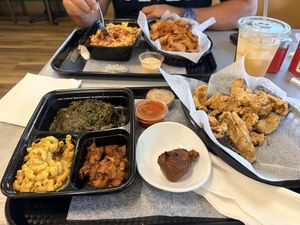 Soul Bowl with drumstick and side of artichoke popperss  at West Coast Vegan Grill in Moultrie