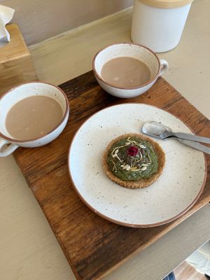 Matcha tart + masala tea with oat milk  at Namché Organics in Namche