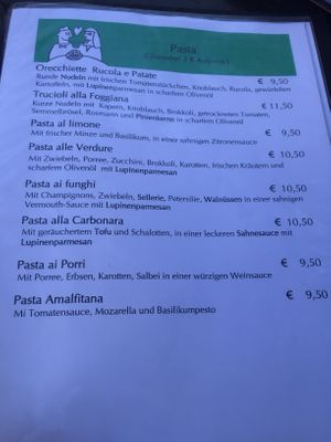 All vegan pasta choices  at L'Incontro in Karlsruhe