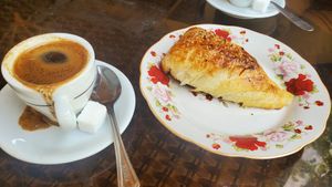 Potato somsa with turkish coffee at Bibikhanum Teahouse in Samarkand
