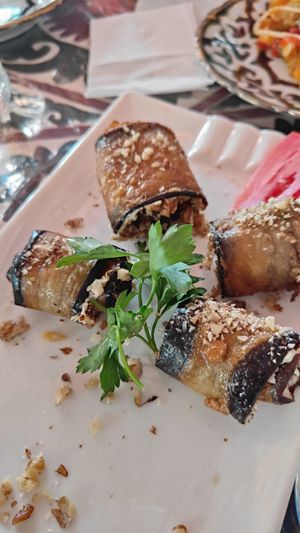 Eggplant and nut rolls at Bibikhanum Teahouse in Samarkand