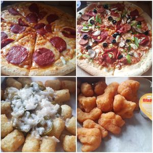 Pepperoni pizza, Works pizza, potato tots with jalapeno and cheeses & cauliflower wings (vg) at Papa John's in South Shields