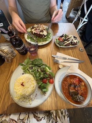 Eggplant and rice dish, falafel side, cauliflower dish     at Mihbaj Café & Kitchen in West London