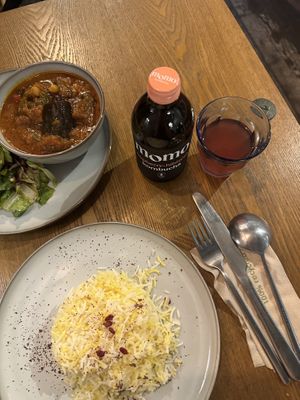 Moussaka (aubergine in a red tomato sauce) and Raspberry kombucha   at Mihbaj Café & Kitchen in West London