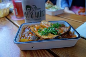 Kräuterseitling  / king oyster mushroom with potatoes and ratatouille vegetables (vegan) at Hilde & Heinz in Saarbrucken