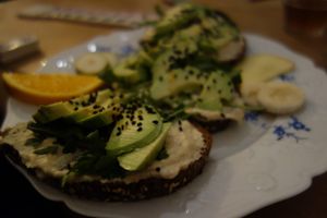 Tartine bread "Rucado" with hummus instead of dairy cream cheese (vegan) at Thonet in Saarbrucken