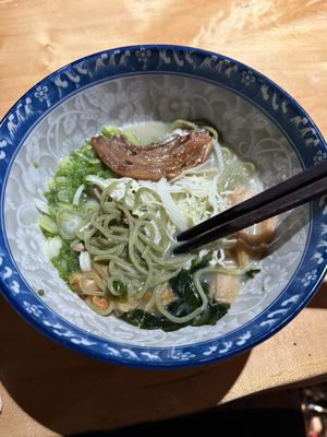 I forgot to take a photo before I started eating. This is the bar sized vegan shio ramen. With a slice of vegan chasu. Delicious!  at Tanma Ramen in Kingston