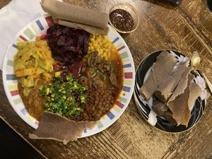 Full feast with injera  at Bunna Cafe in Brooklyn
