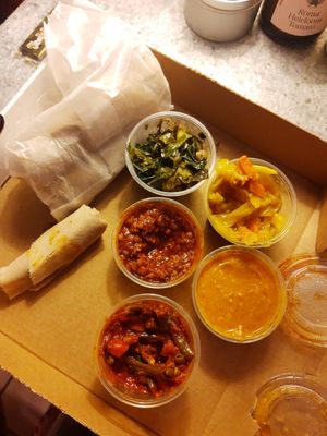 Takeaway meal (5 choices + injera) at Bunna Cafe in Brooklyn
