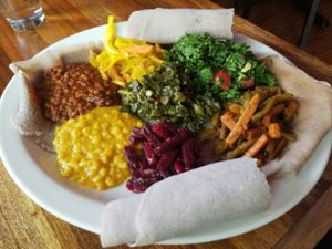 Vegan combination plate at Bunna Cafe in Brooklyn