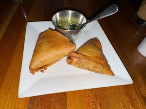 Lentil sambusa with cilantro lime sauce  at Bunna Cafe in Brooklyn
