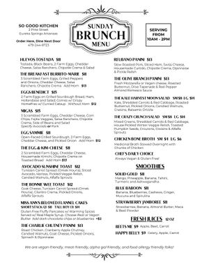 Updated So Good Kitchen Eureka Sunday Brunch Fall/Winter 2025 Menu at So Good Kitchen in Eureka Springs