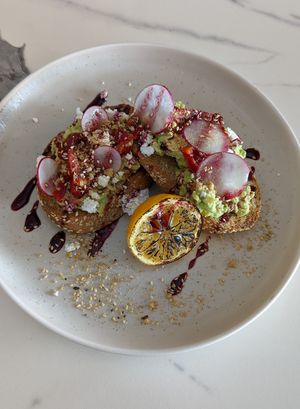 Smashed avo at Greens & Grains Cafe in Beaconsfield