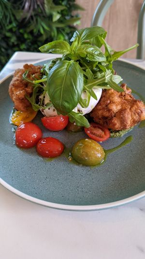 Zucchini & corn fritters at Greens & Grains Cafe in Beaconsfield