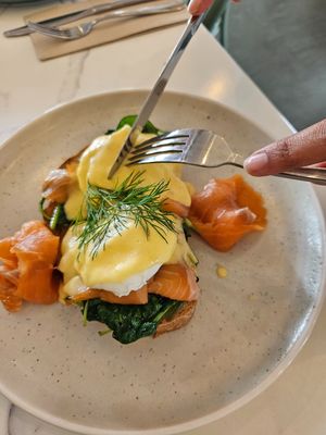Eggs Atlantic at Greens & Grains Cafe in Beaconsfield