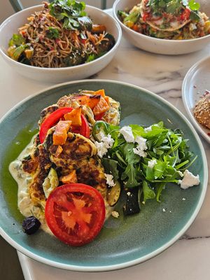 Roasted veg fritters at Greens & Grains Cafe in Beaconsfield