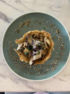 Rosti nest filled with mushrooms on cauliflower purée   at Greens & Grains Cafe in Beaconsfield