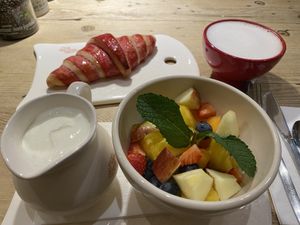 Hibiscus-Croissant & Cappucino with soy milk  at Le Pain Quotidien - Spuistraat in Amsterdam