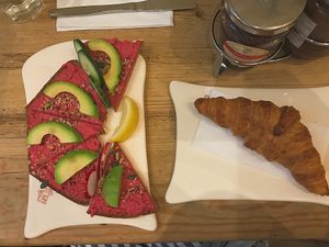 Beetroot hummus and avocado open sandwich at Le Pain Quotidien - Spuistraat in Amsterdam