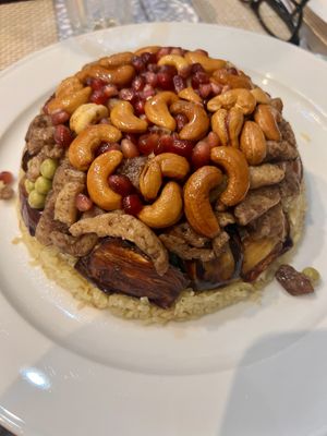 Aubergine and mock meat rice-based middle-eastern dish  at Vegano Mezo in Berlin