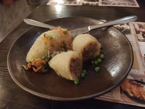 Vegan (fake meat) potato dumplings at Bernelių užeiga in Vilnius