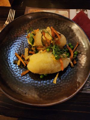 Vegan potato dumplings at Bernelių užeiga in Vilnius
