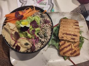 Salad with tofu at Okapi Kitchen in Leicester