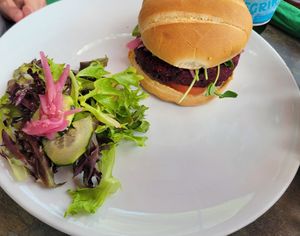 Homemade veggie burger featuring beets at Organic Farmers Table in Sarasota