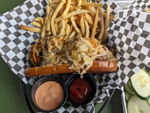 Salt and vinegar fries and veggie sausage with beer mustard and sauerkraut at Ferment Brewing Company in Hood River