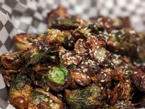 Miso Maple Glazed Fried Brussels, a lot of which were burnt at Ferment Brewing Company in Hood River