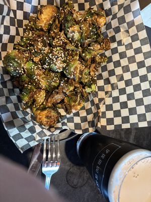 Fried Brussels sprouts with miso maple glazee  at Ferment Brewing Company in Hood River