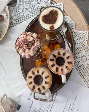 Selection of coffees and a hot chocolate with cream and marshmallows at The Vegan Coffi House in Aberdare