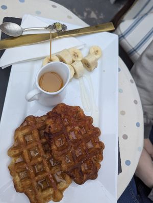 Waffles with syrup and bananas at The Vegan Coffi House in Aberdare