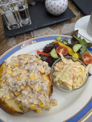 Jacket potato with salad, coleslaw and chicken mayo with sweetcorn. at The Vegan Coffi House in Aberdare